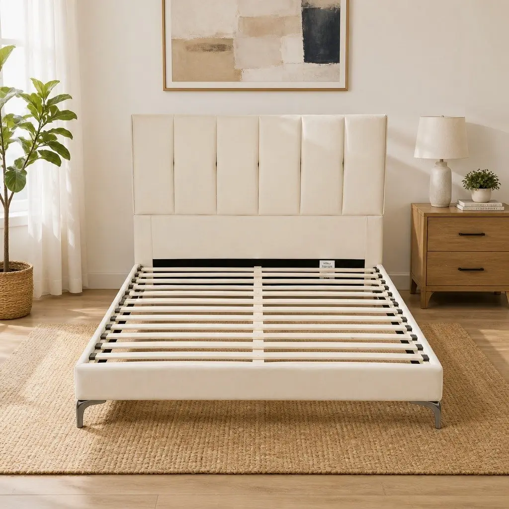 Double Bed Frame Beige Upholstered Platform Tufted Headboard 300kg Support
