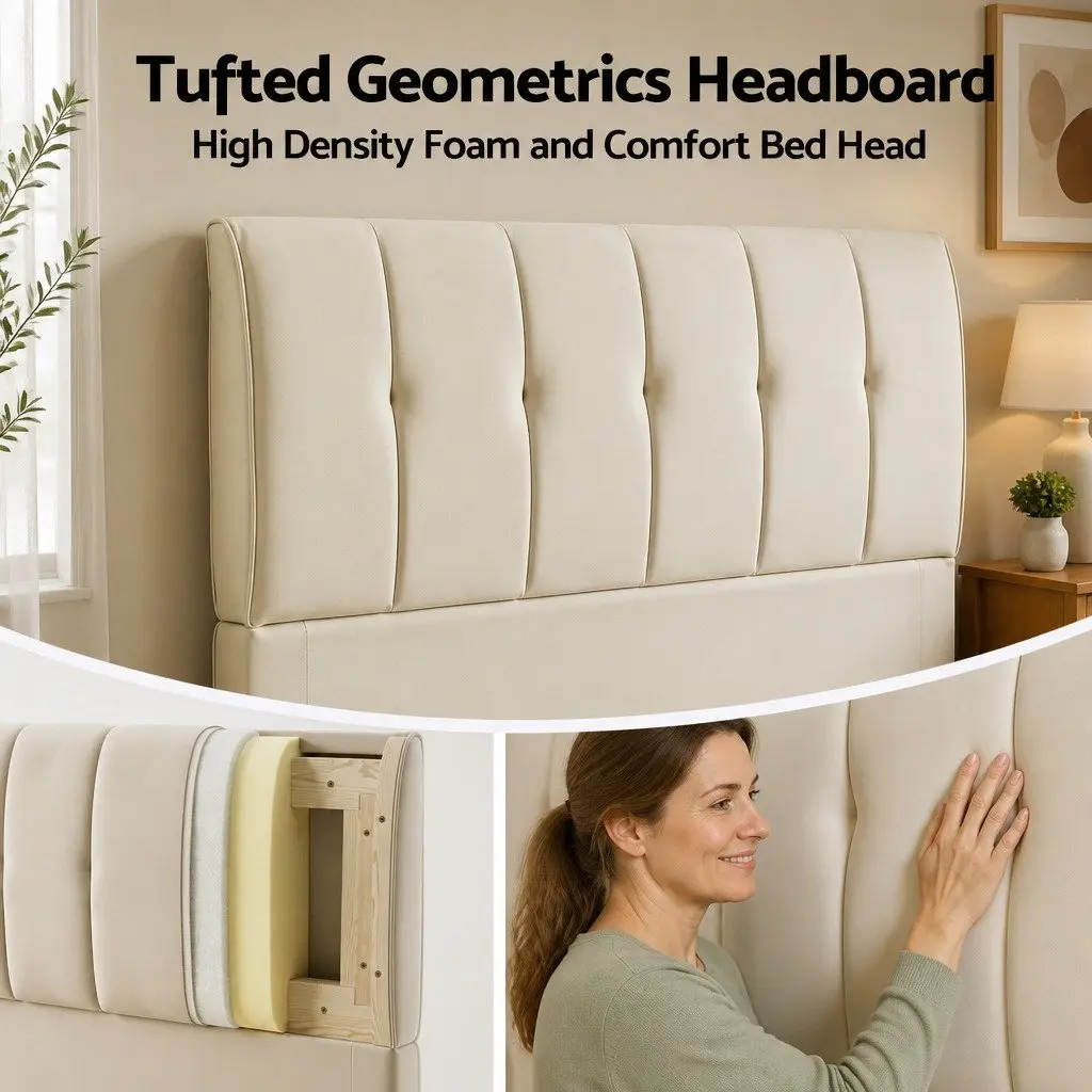 Double Bed Frame Beige Upholstered Platform Tufted Headboard 300kg Support