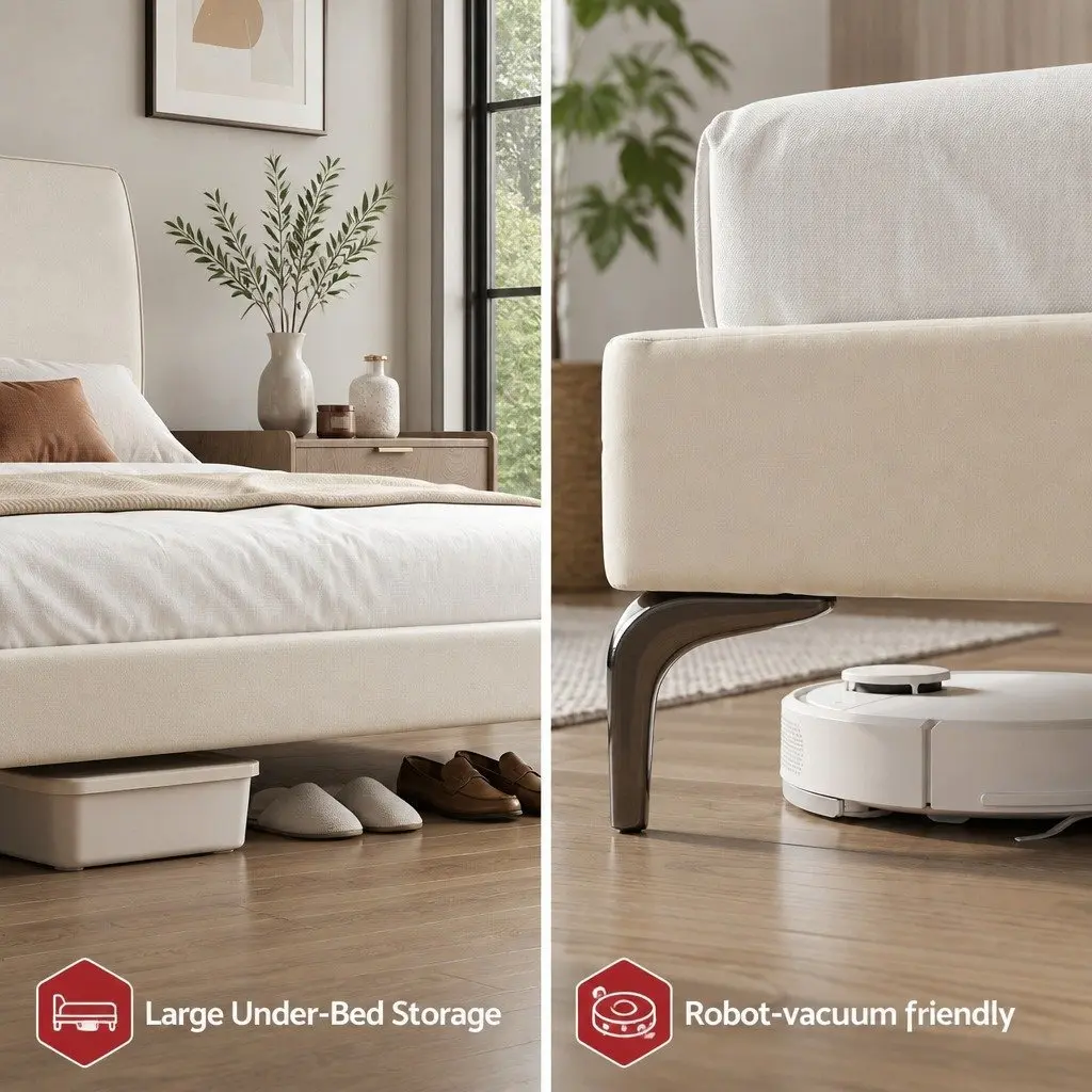 Double Bed Frame Beige Upholstered Platform Tufted Headboard 300kg Support