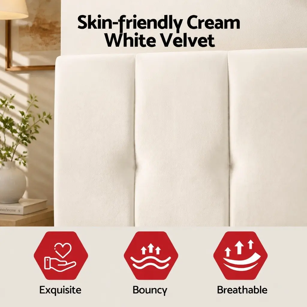 Double Bed Frame Beige Upholstered Platform Tufted Headboard 300kg Support