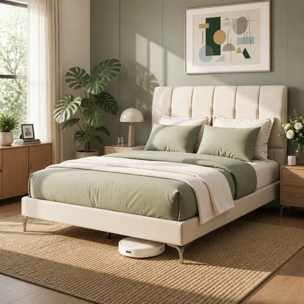 Double Bed Frame Beige Upholstered Platform Tufted Headboard 300kg Support