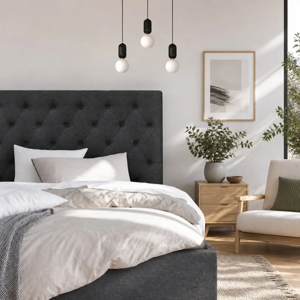 Double Bed Headboard Upholstered Charcoal Button Tufted Design Bedroom Furniture