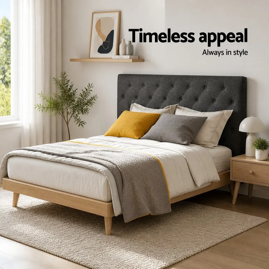 Double Bed Headboard Upholstered Charcoal Button Tufted Design Bedroom Furniture