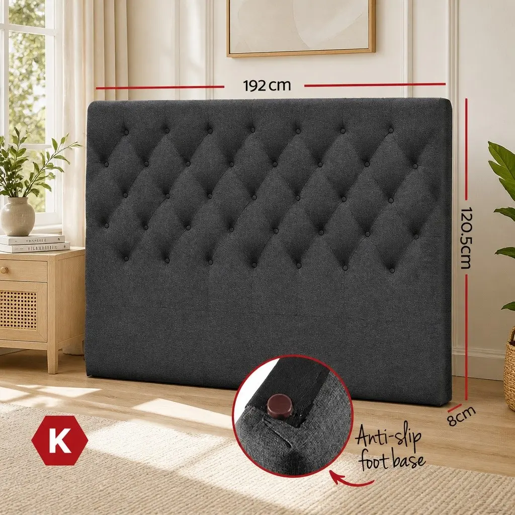 King Size Bed Head Upholstered Fabric Headboard Button Tufted Design Charcoal