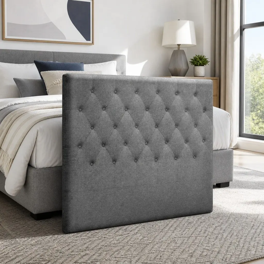Bed Head Headboard King Single Size Fabric Grey Upholstered Button Tufted Design