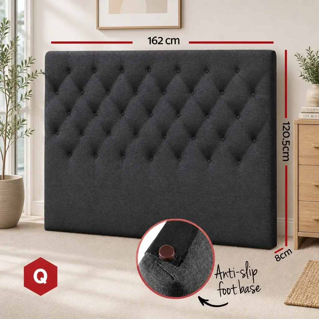 Queen Size Bed Headboard Upholstered Padded Button Tufted Design Charcoal Fabric