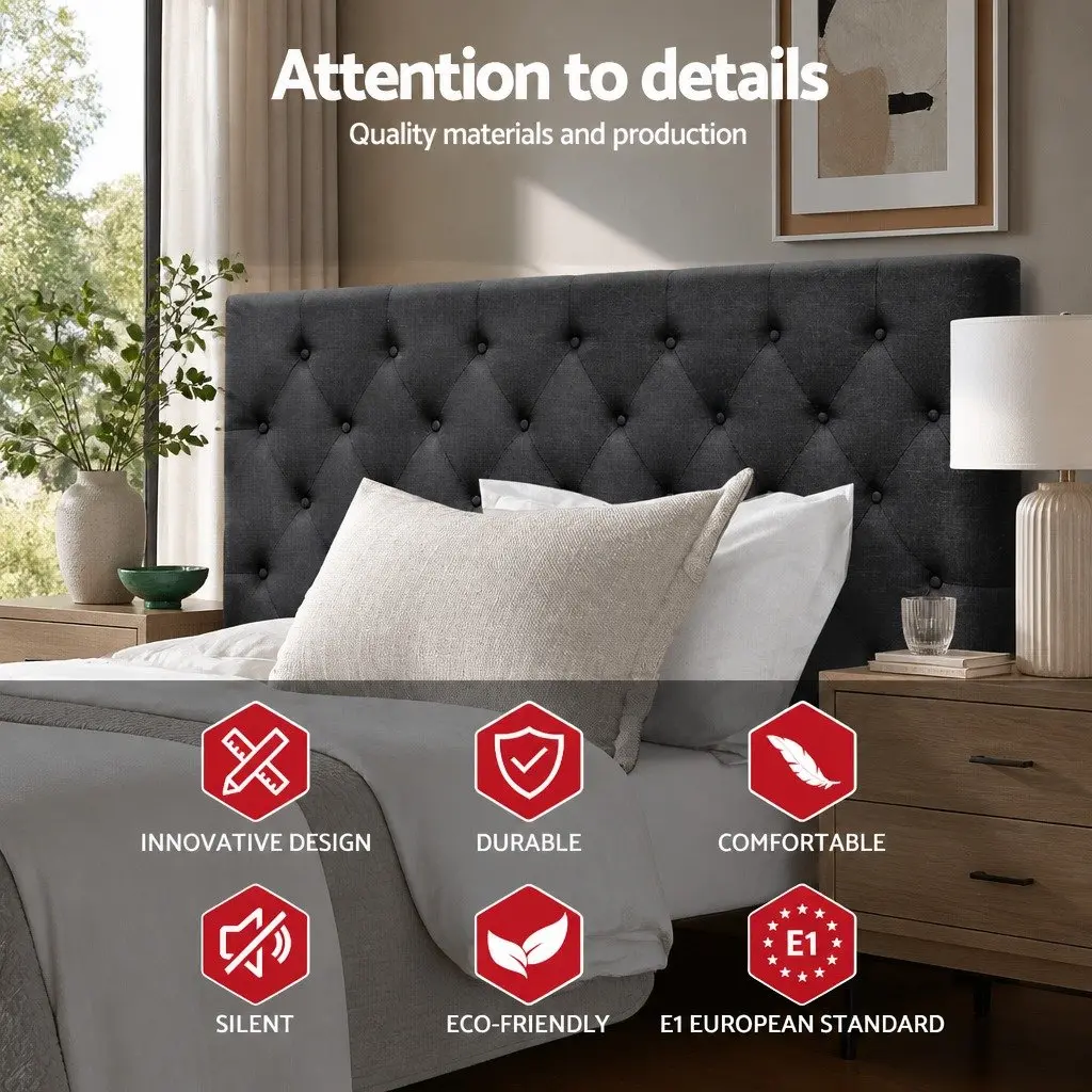 Queen Size Bed Headboard Upholstered Padded Button Tufted Design Charcoal Fabric