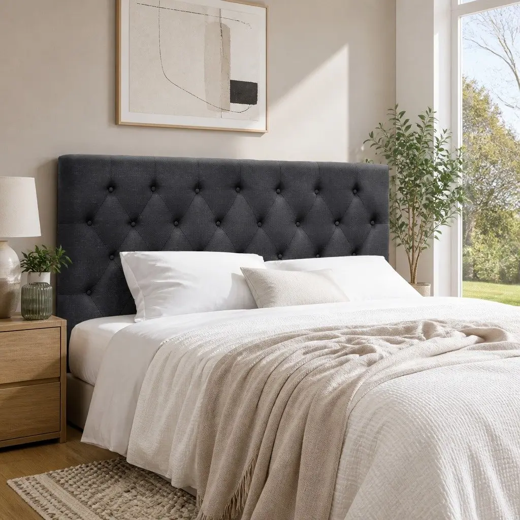 Queen Size Bed Headboard Upholstered Padded Button Tufted Design Charcoal Fabric