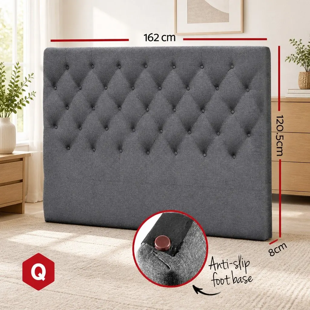 Queen Size Bed Head Headboard Grey Upholstered Button Tufted Design Padded