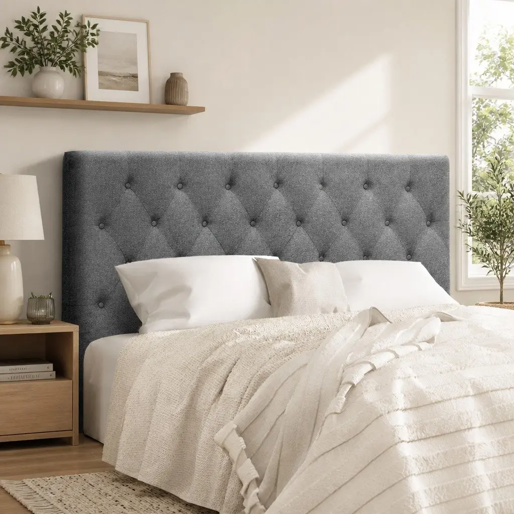 Queen Size Bed Head Headboard Grey Upholstered Button Tufted Design Padded