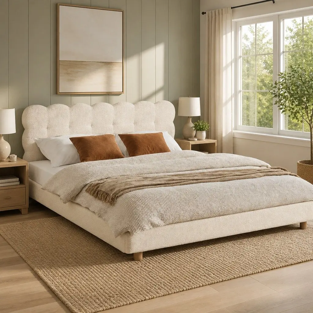 Double Bed Frame White Cloud Headboard Boucle Upholstery Platform Base
