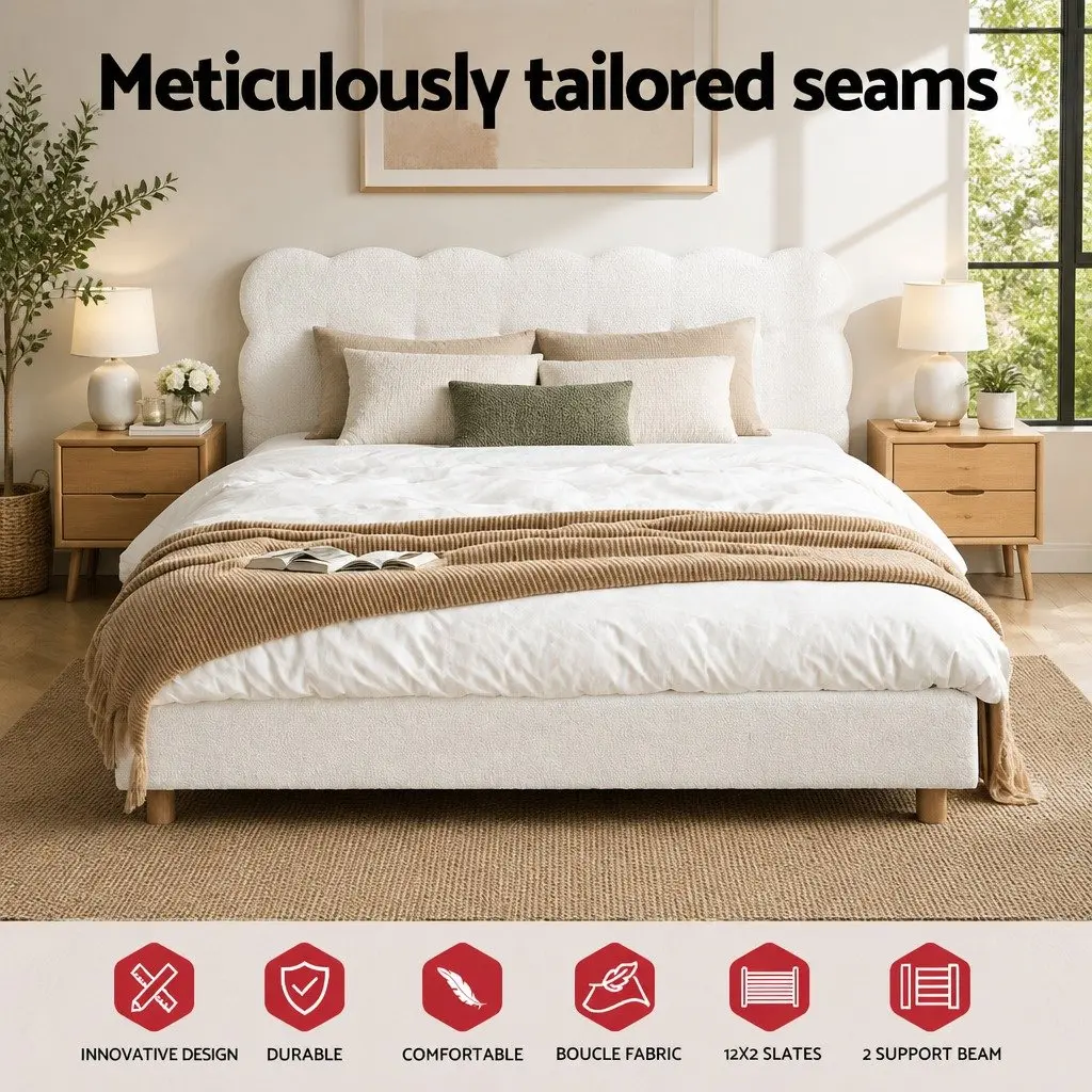 Double Bed Frame White Cloud Headboard Boucle Upholstery Platform Base