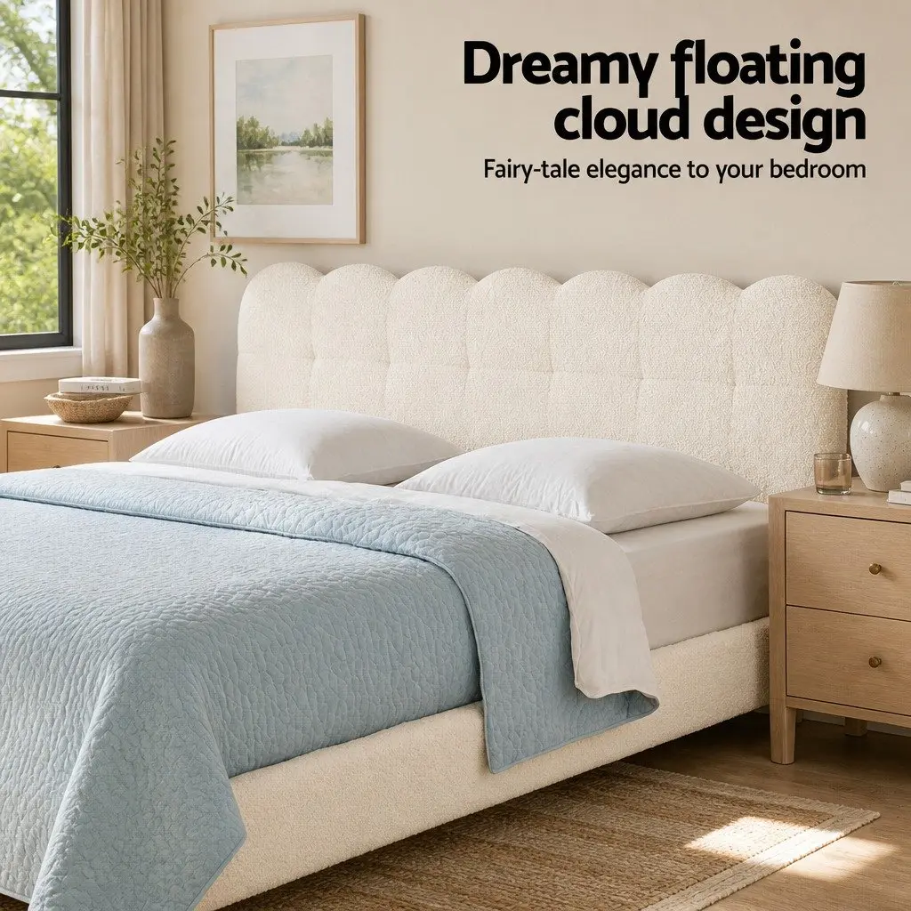 Double Bed Frame White Cloud Headboard Boucle Upholstery Platform Base
