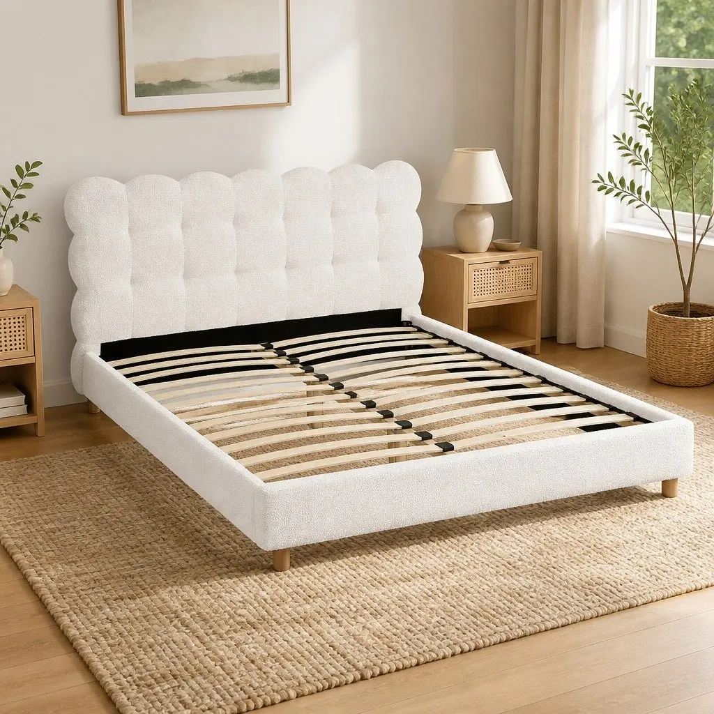 Queen Bed Frame Cloud Headboard Boucle Fabric Platform Base White Modern Bedroom