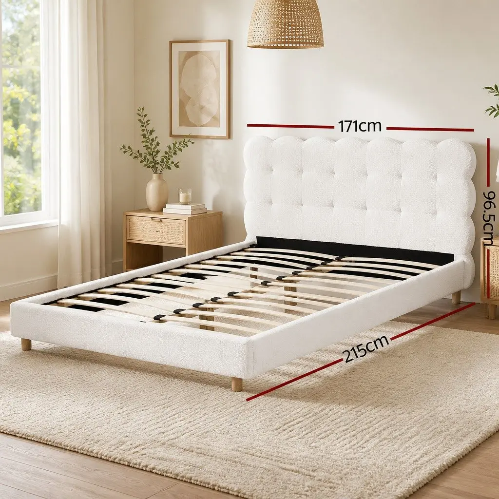 Queen Bed Frame Cloud Headboard Boucle Fabric Platform Base White Modern Bedroom