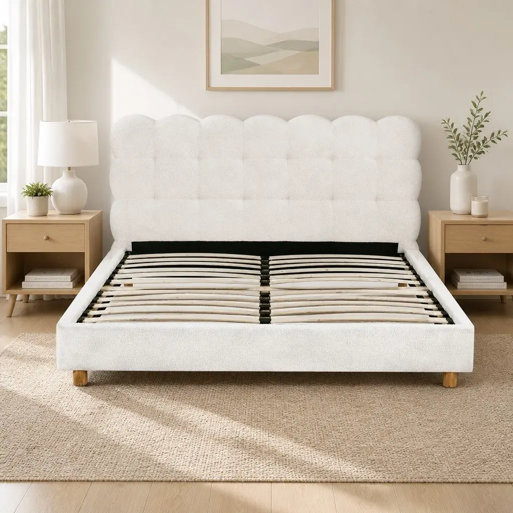 Queen Bed Frame Cloud Headboard Boucle Fabric Platform Base White Modern Bedroom