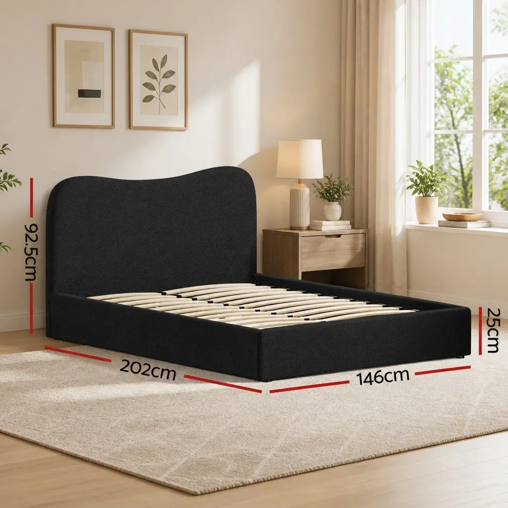Double Bed Frame Black Double Boucle Upholstered Padded Headboard Wooden Slat Support