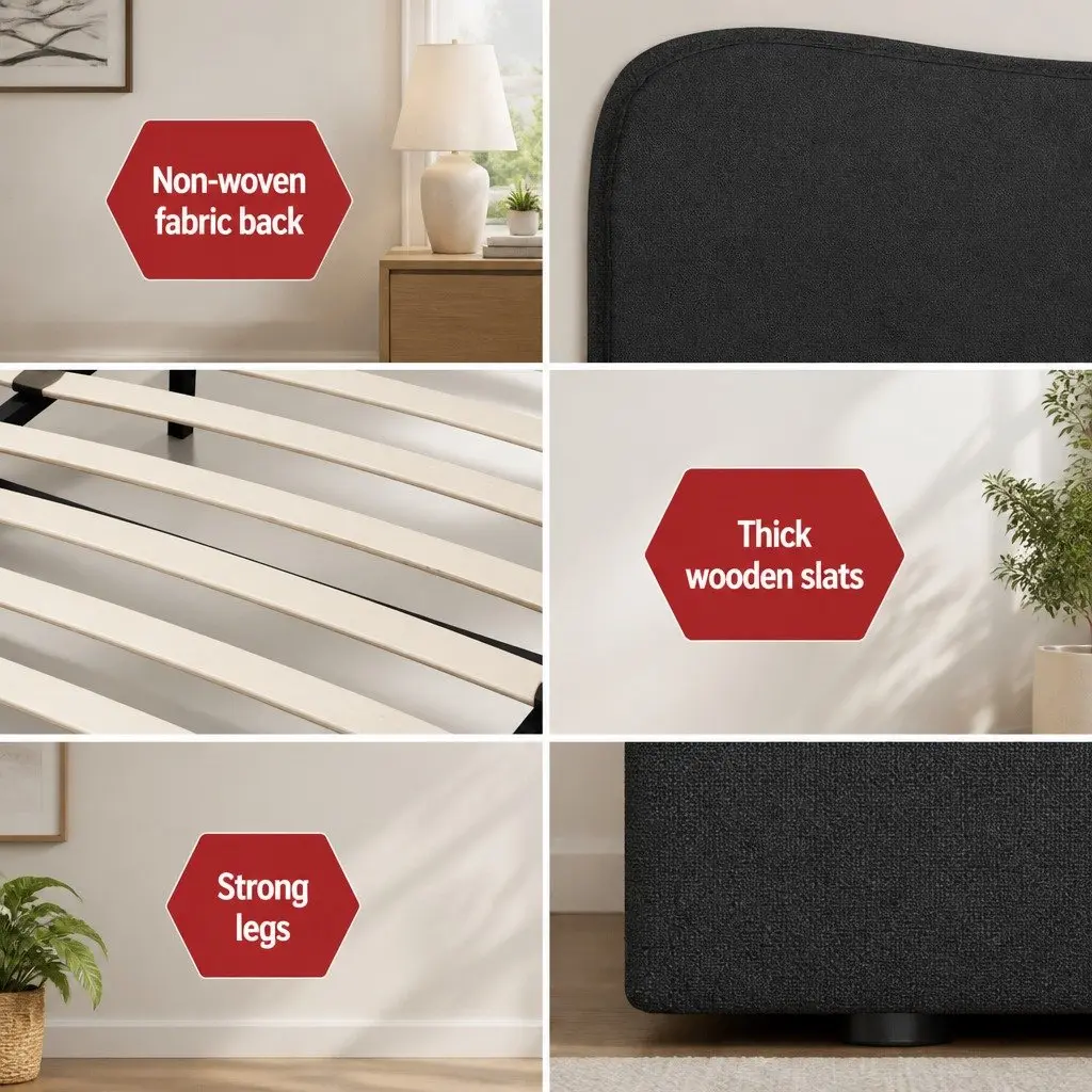 Double Bed Frame Black Double Boucle Upholstered Padded Headboard Wooden Slat Support