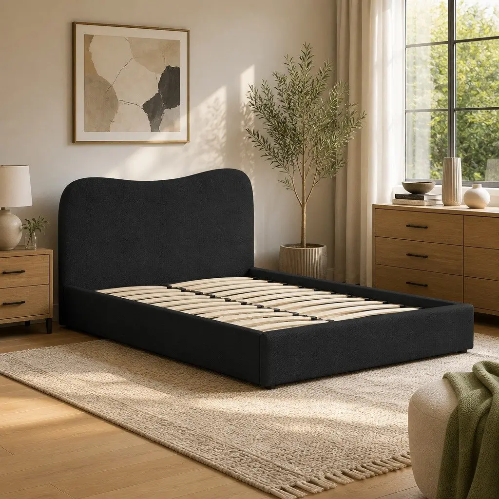 Double Bed Frame Black Double Boucle Upholstered Padded Headboard Wooden Slat Support