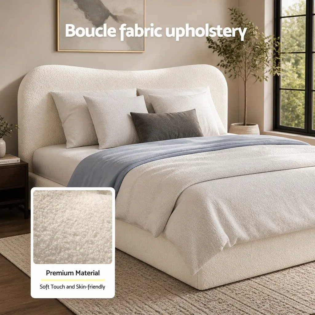 Double Bed Frame with Gaslift Storage Wooden Platform Boucle Upholstered White