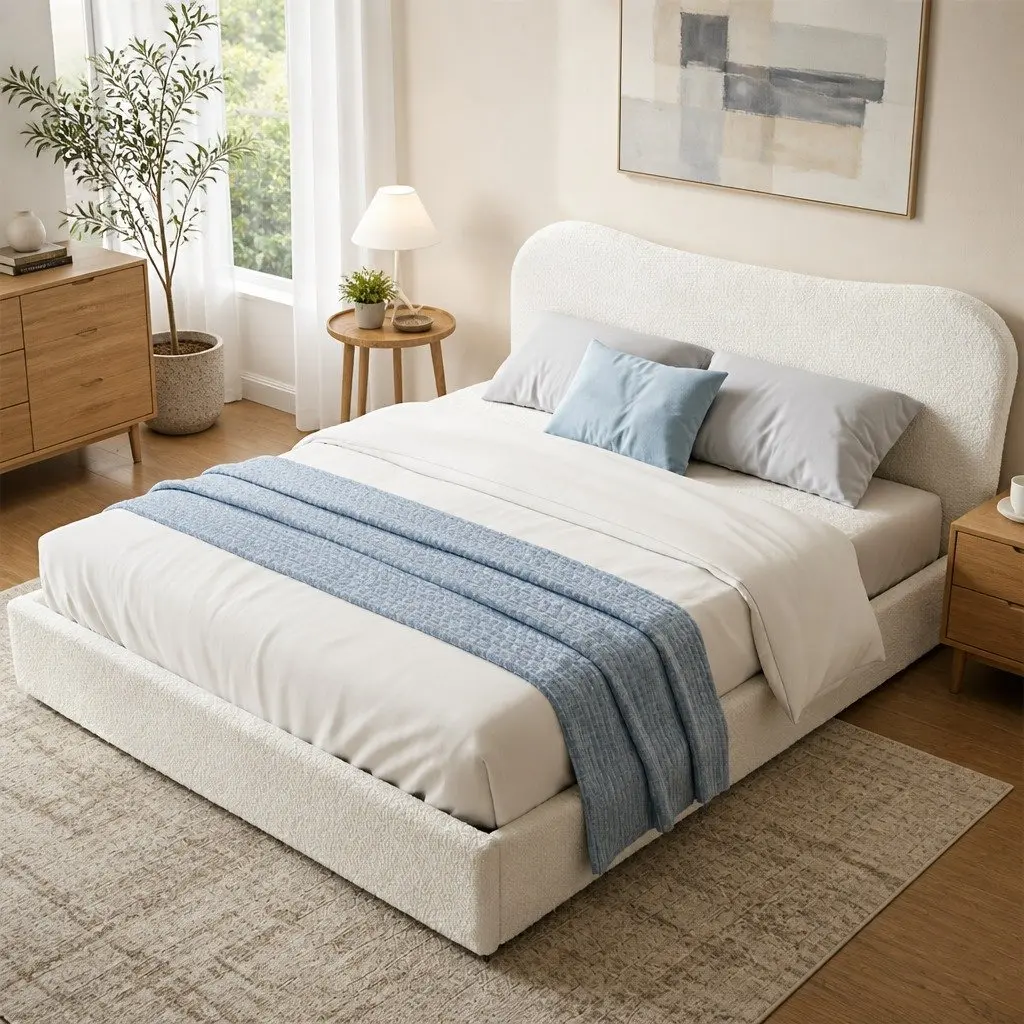 Queen Bed Frame Beige White Gaslift Storage Boucle Upholstered Wooden Platform