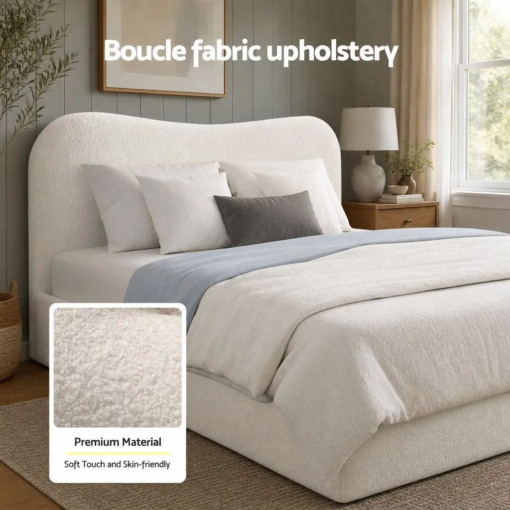 Queen Bed Frame Beige White Gaslift Storage Boucle Upholstered Wooden Platform