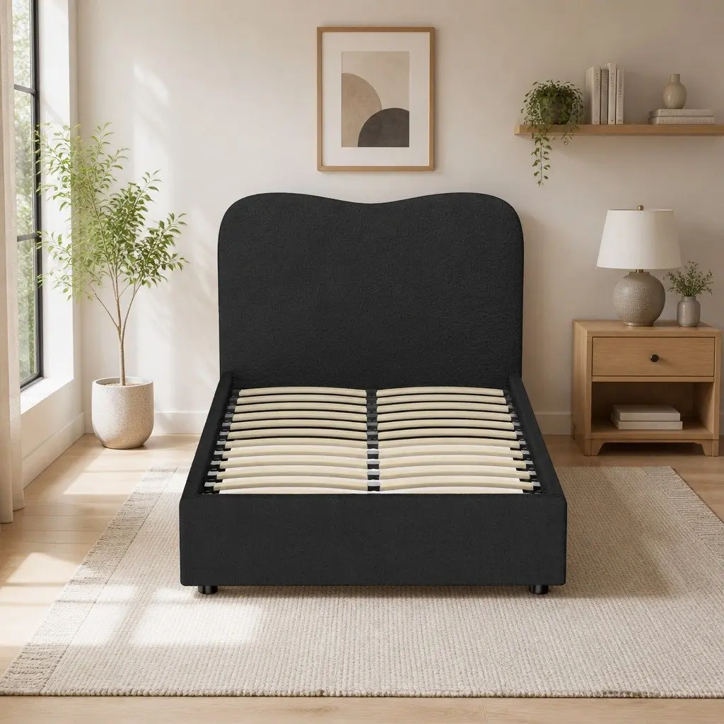 King Single Bed Frame Black Boucle Upholstered Padded Headboard Wooden Slat Support