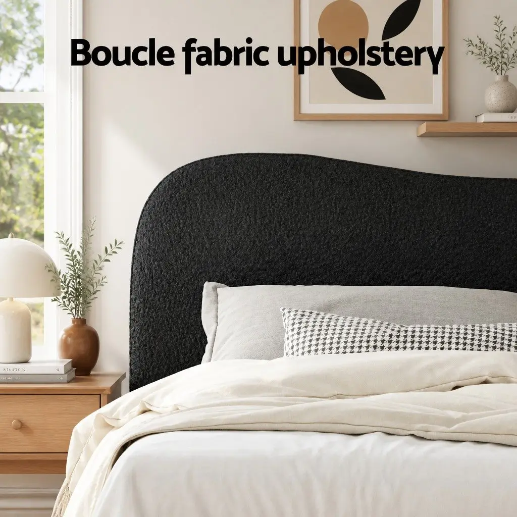 King Single Bed Frame Black Boucle Upholstered Padded Headboard Wooden Slat Support