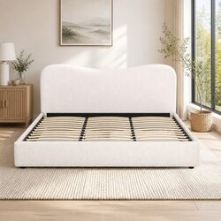 King Size Bed Frame Upholstered Boucle Padded Headboard Wooden Slat Support