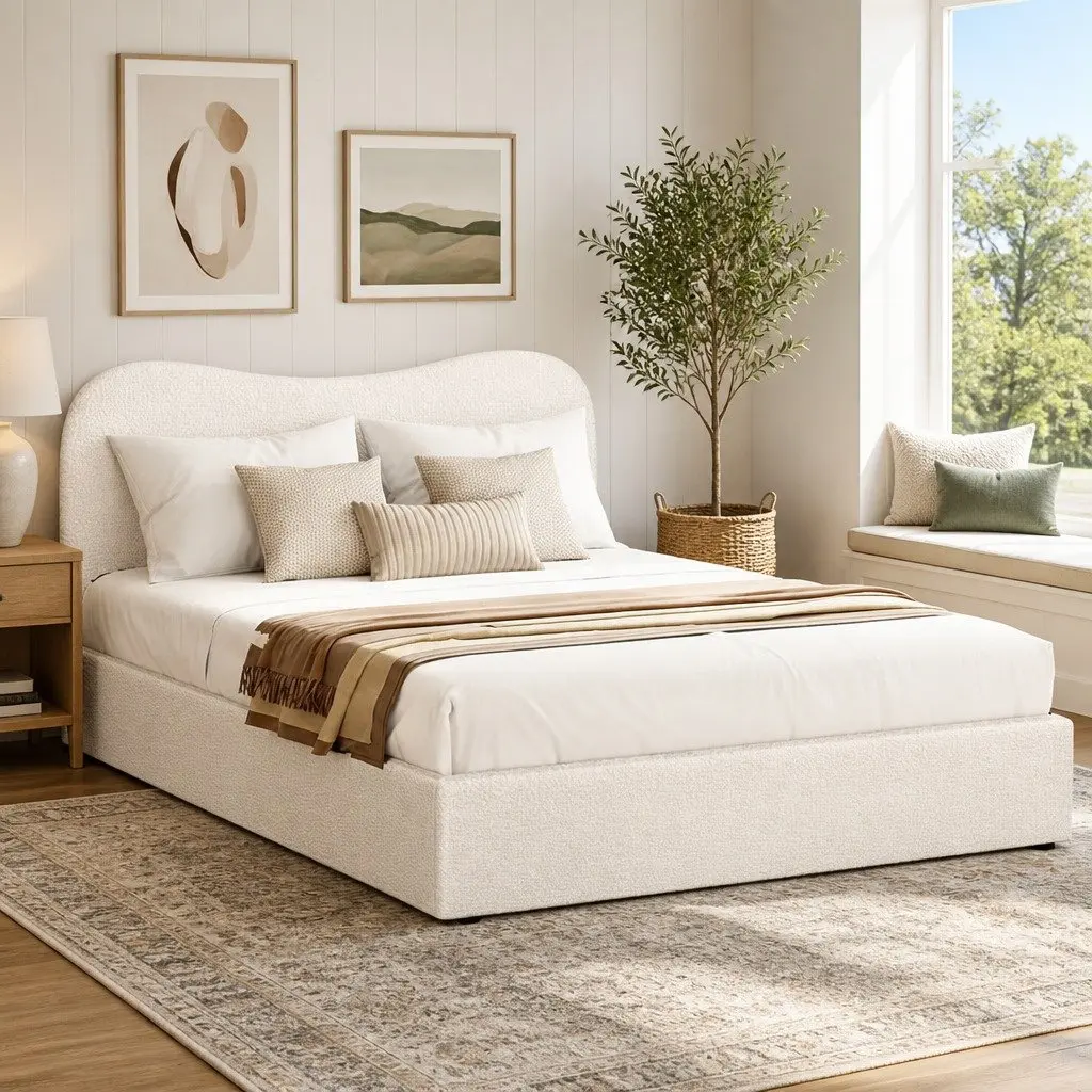 King Size Bed Frame Beige Upholstered Boucle Padded Headboard Wooden Slat Support