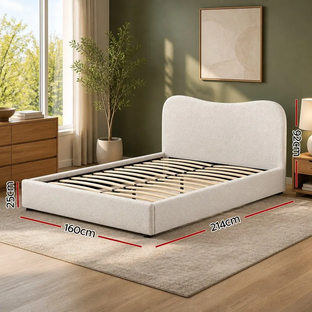 Queen Size Bed Frame White Boucle Fabric Upholstered Padded Headboard Wooden Slat