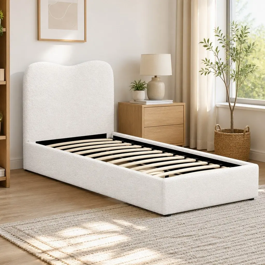 Kids Bed Frame Beige Single Upholstered Boucle Padded Headboard Wooden Slat Support