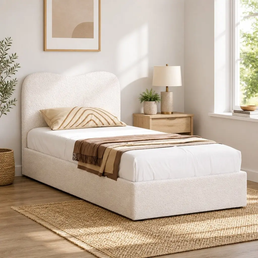 Kids Bed Frame Beige Single Upholstered Boucle Padded Headboard Wooden Slat Support