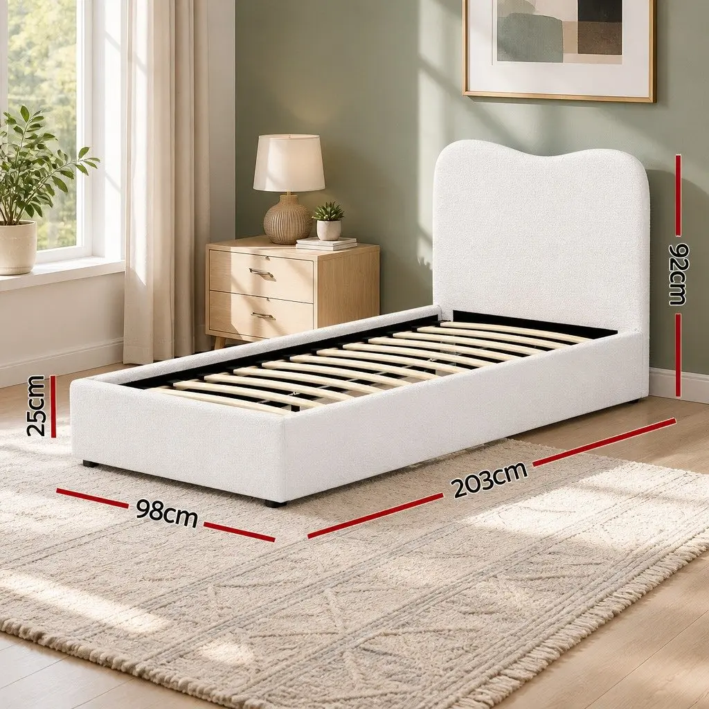 Kids Bed Frame Beige Single Upholstered Boucle Padded Headboard Wooden Slat Support