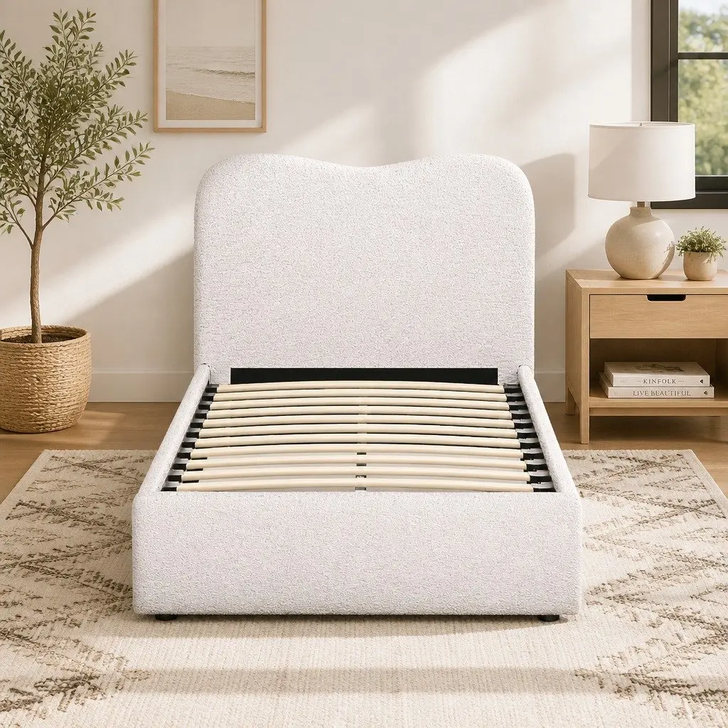 Kids Bed Frame Beige Single Upholstered Boucle Padded Headboard Wooden Slat Support