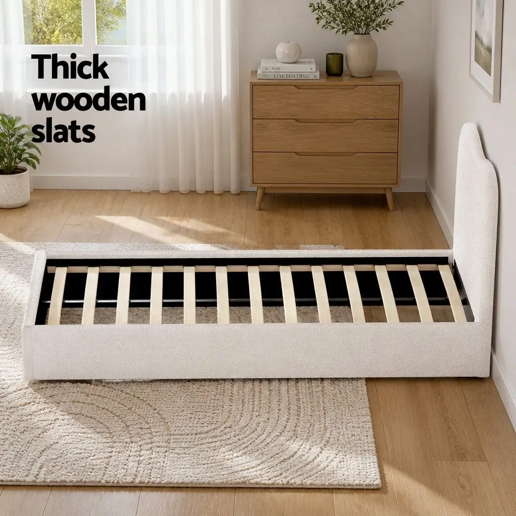 Kids Bed Frame Beige Single Upholstered Boucle Padded Headboard Wooden Slat Support