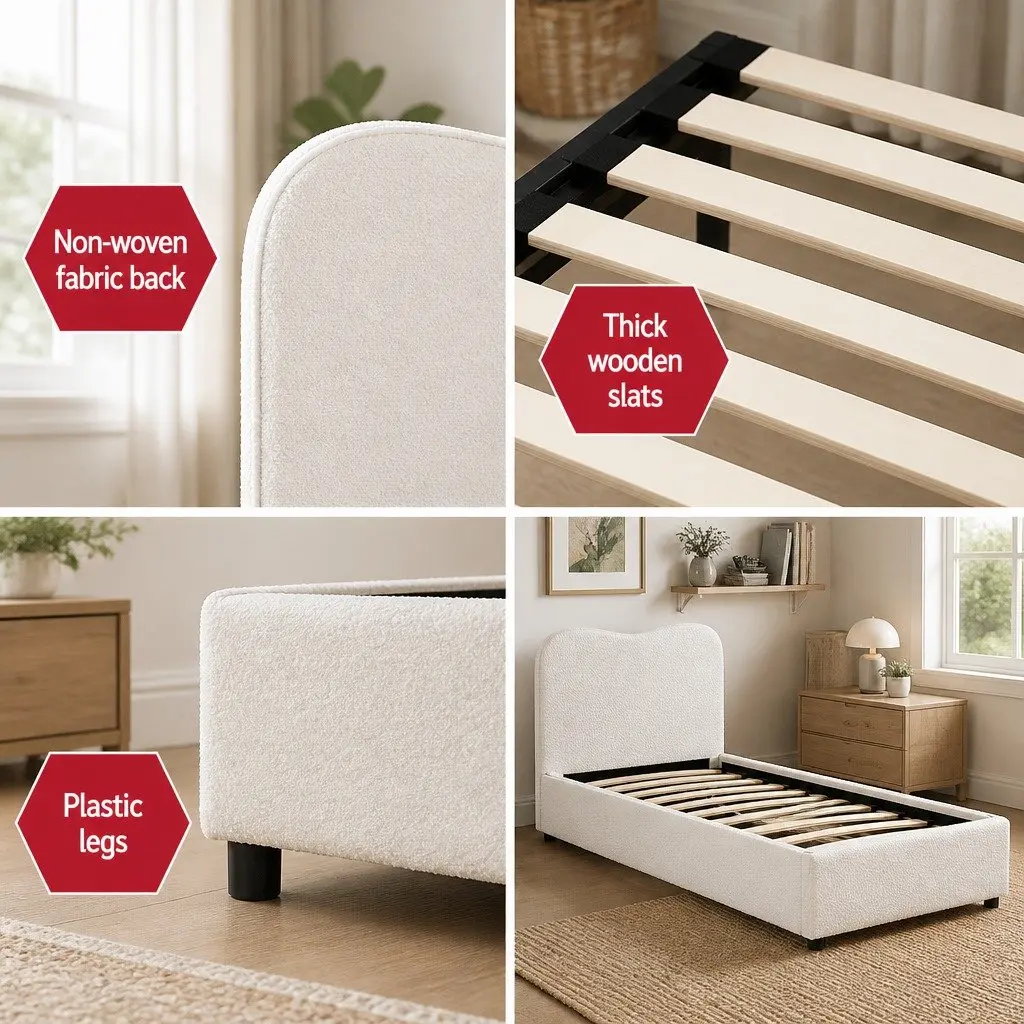 Kids Bed Frame Beige Single Upholstered Boucle Padded Headboard Wooden Slat Support