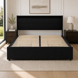 Queen Bed Frame with LED Lights and Drawers