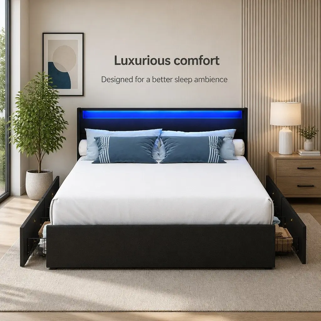 Queen Size Bed Frame Black Upholstered LED Lights 4 Storage Drawers
