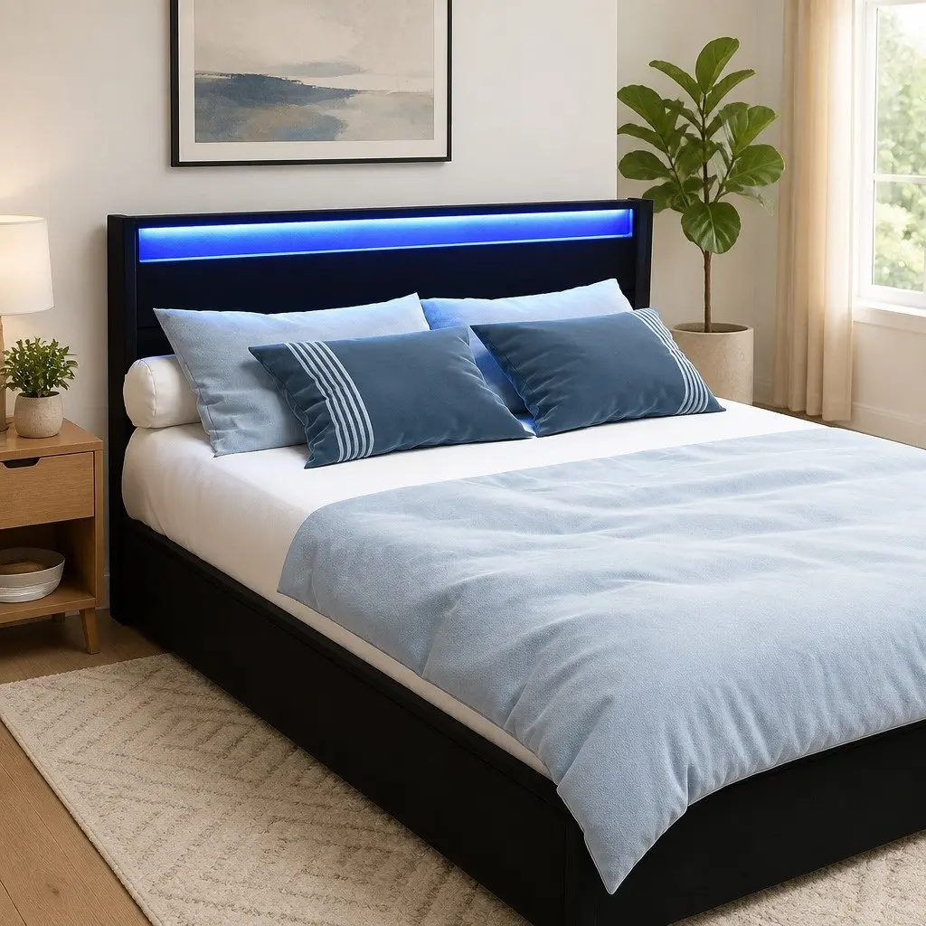 Queen Size Bed Frame Black Upholstered LED Lights 4 Storage Drawers