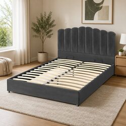 Concise Grey Velvet Double Bed Frame with Storage