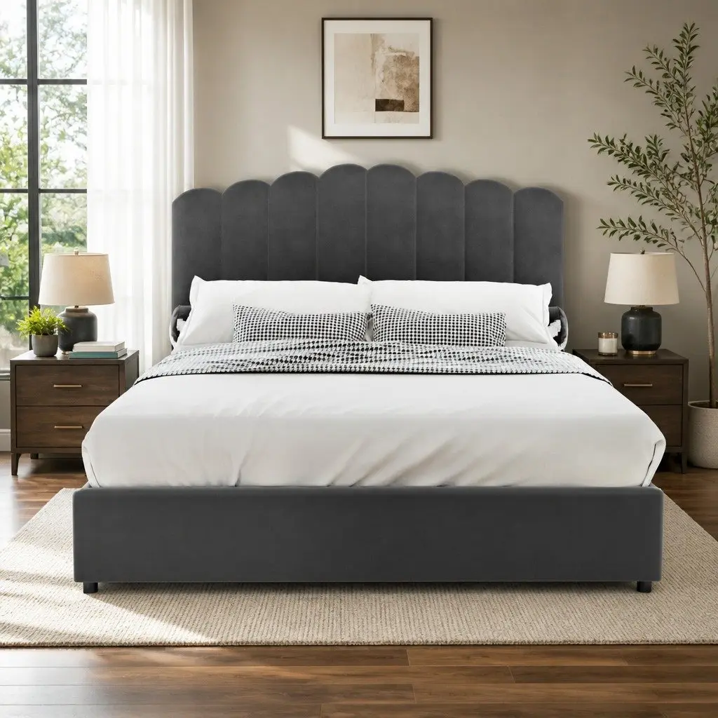 Double Bed Frame Grey Velvet Gas Lift Storage Padded Headboard Wooden Slat
