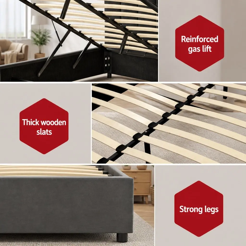 Double Bed Frame Grey Velvet Gas Lift Storage Padded Headboard Wooden Slat
