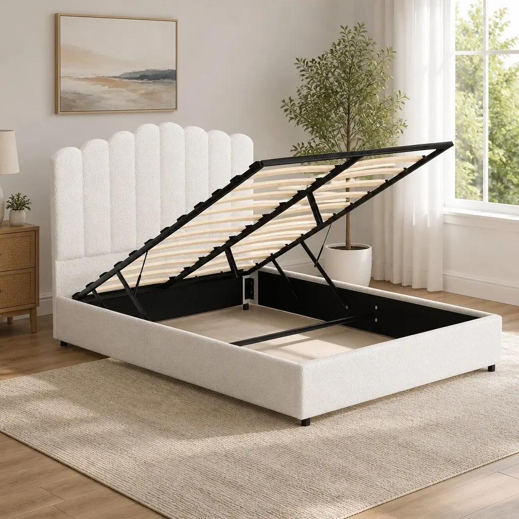 Double Bed Frame Beige Double Upholstered Boucle Storage Gas Lift Padded Headboard Wooden