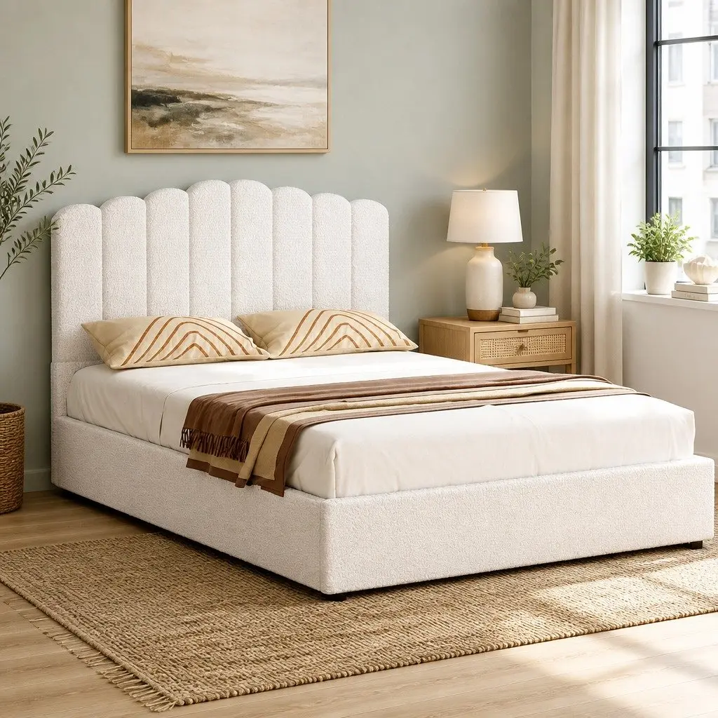 Double Bed Frame Beige Double Upholstered Boucle Storage Gas Lift Padded Headboard Wooden