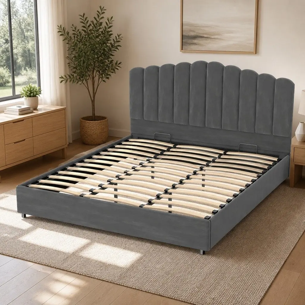 King Size Bed Frame Velvet Upholstered Grey Storage Gas Lift Padded Headboard