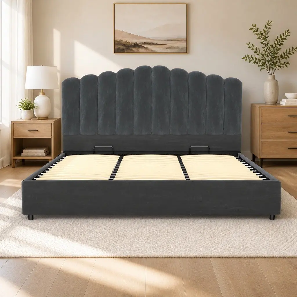 King Size Bed Frame Velvet Upholstered Grey Storage Gas Lift Padded Headboard