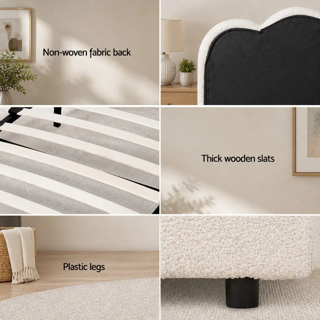 Queen Size Bed Frame White Boucle Upholstered Gas Lift Storage Padded Headboard