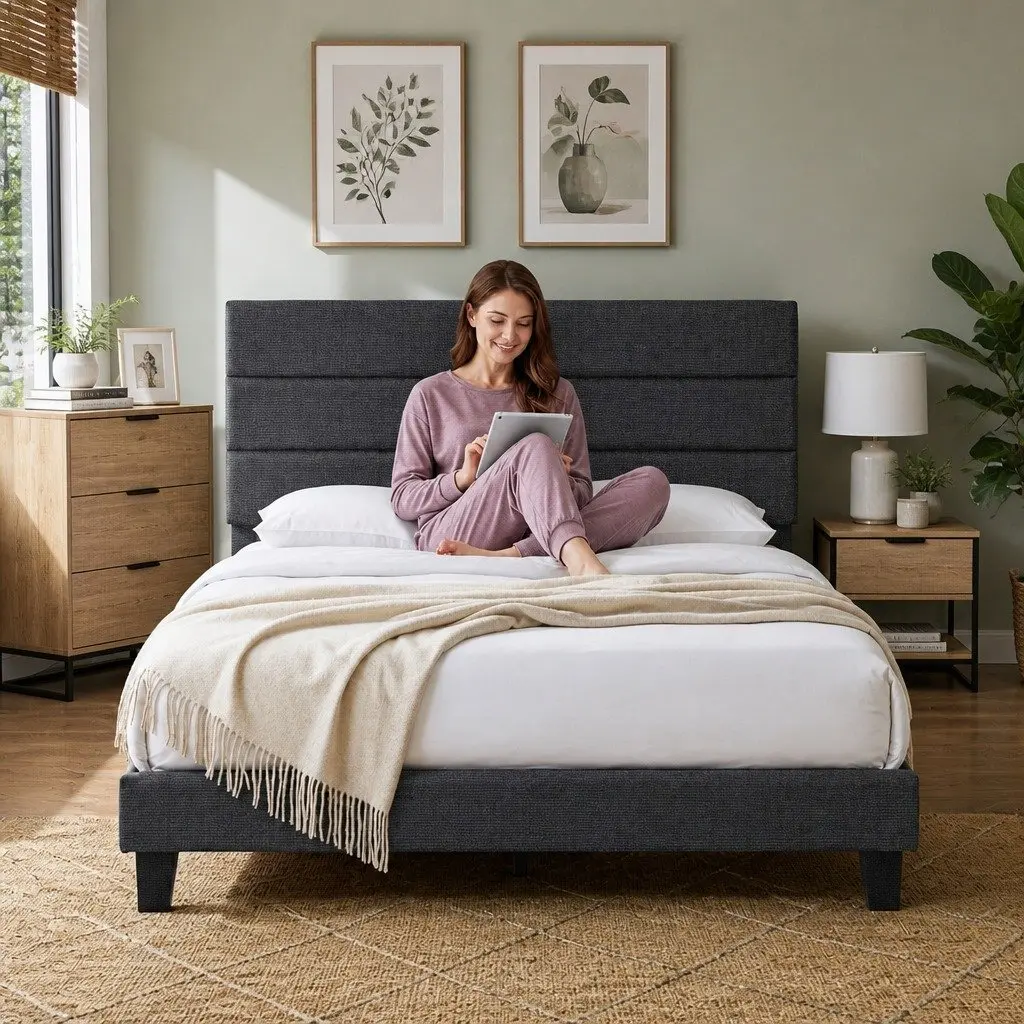 Double Bed Frame Upholstered Platform Base Geometric Headboard Charcoal Grey