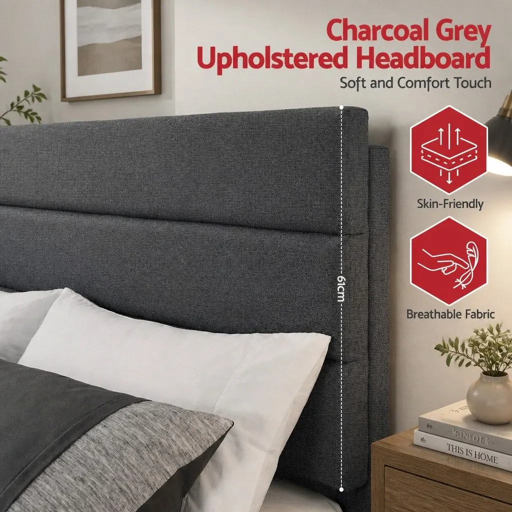 Double Bed Frame Upholstered Platform Base Geometric Headboard Charcoal Grey